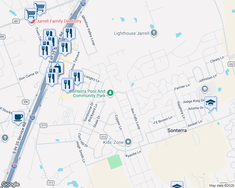 map of restaurants, bars, coffee shops, grocery stores, and more near 604 Sonterra Boulevard in Jarrell
