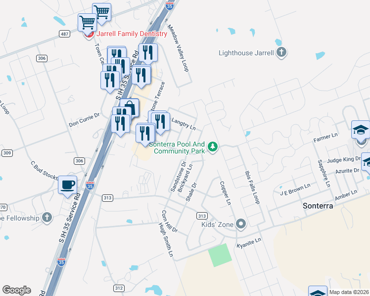map of restaurants, bars, coffee shops, grocery stores, and more near 100 Flower Smith Lane in Jarrell