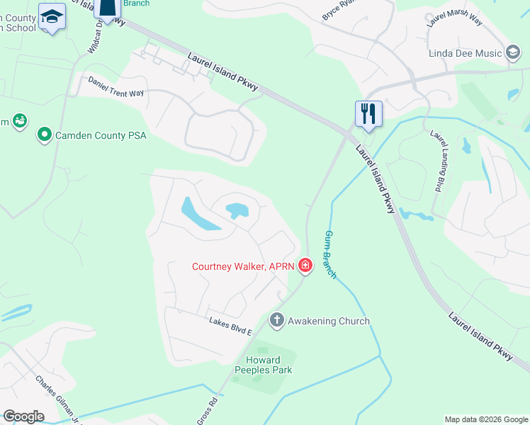 map of restaurants, bars, coffee shops, grocery stores, and more near 114 Cedar Circle Drive in Kingsland