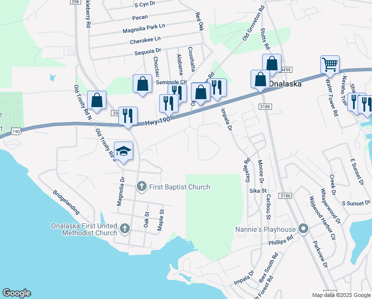 map of restaurants, bars, coffee shops, grocery stores, and more near 296 H Pickens Road in Onalaska