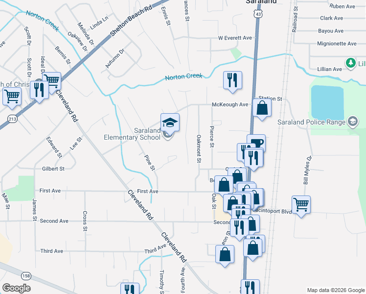 map of restaurants, bars, coffee shops, grocery stores, and more near 516 Strange Avenue in Saraland