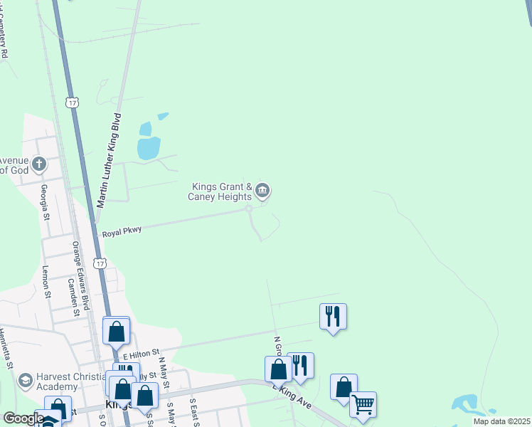 map of restaurants, bars, coffee shops, grocery stores, and more near 133 Caney Place in Kingsland