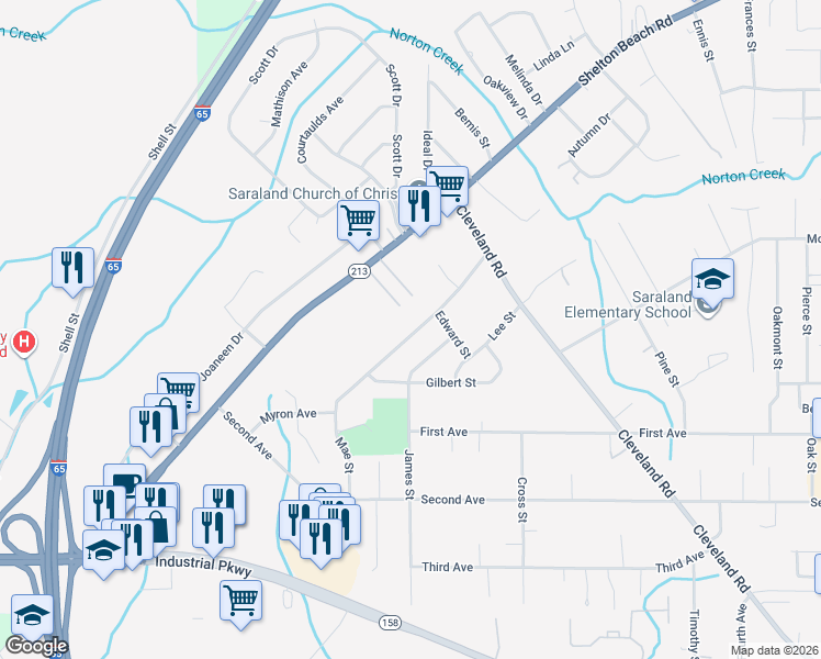 map of restaurants, bars, coffee shops, grocery stores, and more near 712 Ann Street in Saraland