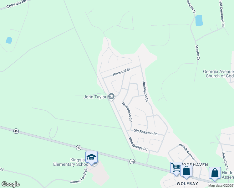 map of restaurants, bars, coffee shops, grocery stores, and more near 229 Woodbridge Road in Kingsland