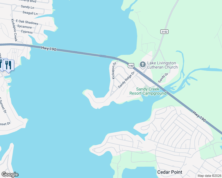 map of restaurants, bars, coffee shops, grocery stores, and more near 416 Kickapoo Drive in Livingston