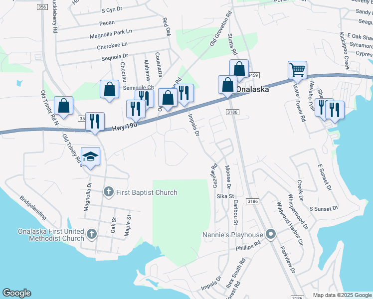 map of restaurants, bars, coffee shops, grocery stores, and more near 508 Onalaska Drive East in Onalaska