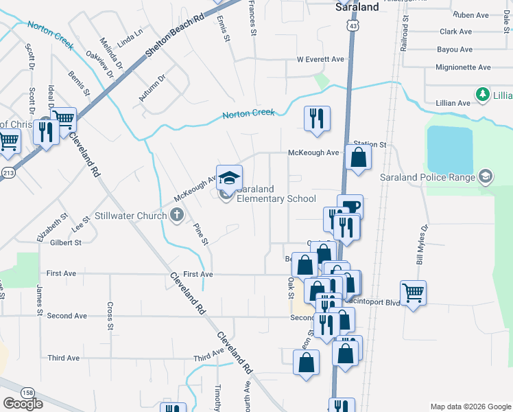 map of restaurants, bars, coffee shops, grocery stores, and more near 516 Strange Avenue in Saraland