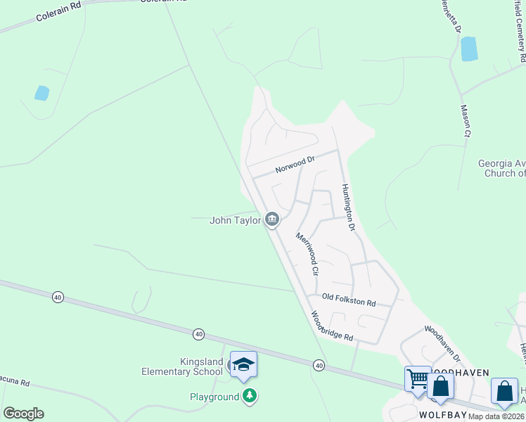 map of restaurants, bars, coffee shops, grocery stores, and more near 234 Woodbridge Road in Kingsland