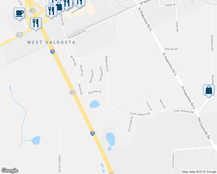 map of restaurants, bars, coffee shops, grocery stores, and more near 1783 Ridgecrest Street in Valdosta