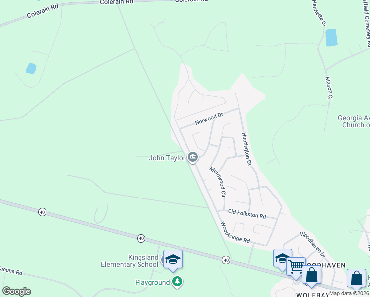 map of restaurants, bars, coffee shops, grocery stores, and more near 234 Woodbridge Road in Kingsland