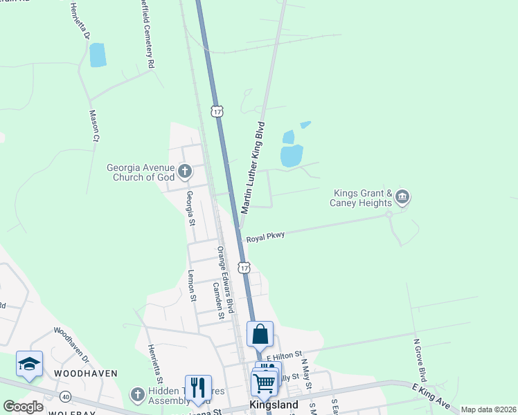 map of restaurants, bars, coffee shops, grocery stores, and more near North Louis William Street in Kingsland