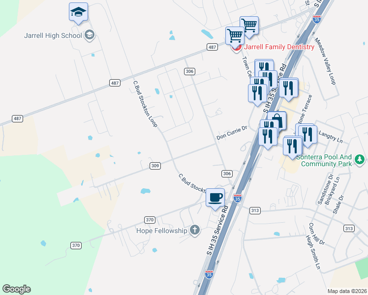 map of restaurants, bars, coffee shops, grocery stores, and more near 138 County Road 309 in Jarrell