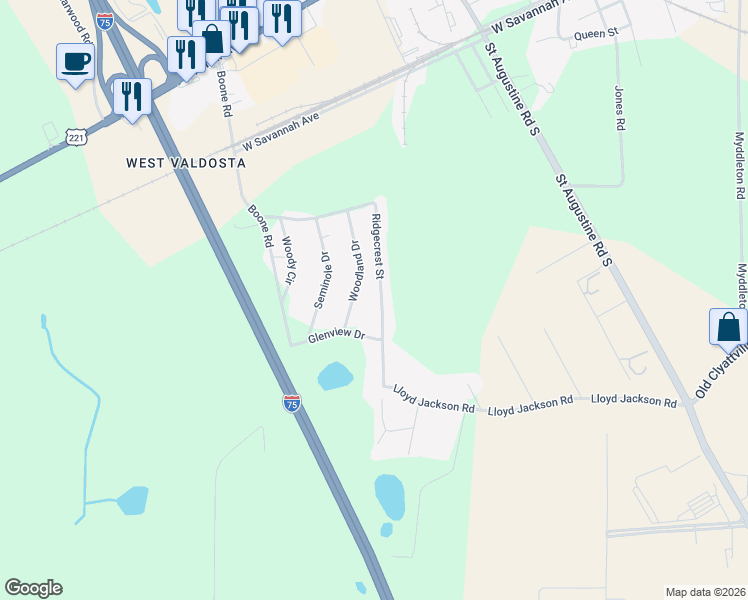 map of restaurants, bars, coffee shops, grocery stores, and more near 1783 Ridgecrest Street in Valdosta