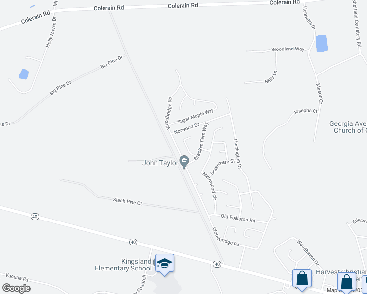 map of restaurants, bars, coffee shops, grocery stores, and more near 208 Lonesome Pine Court in Kingsland