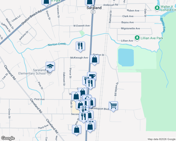 map of restaurants, bars, coffee shops, grocery stores, and more near 430-492 Saraland Boulevard South in Saraland