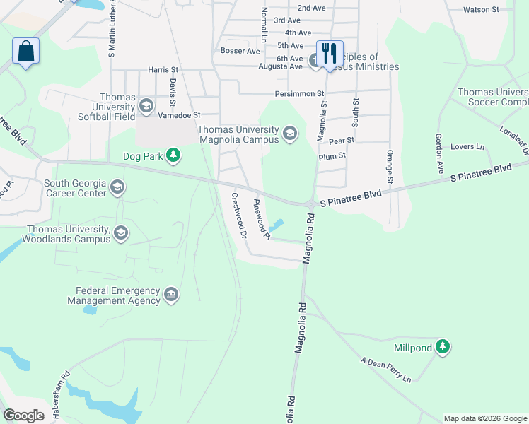map of restaurants, bars, coffee shops, grocery stores, and more near 105 Pinewood Place in Thomasville