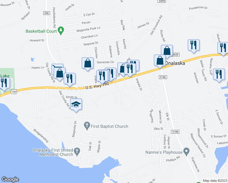 map of restaurants, bars, coffee shops, grocery stores, and more near 210 H Pickens Road in Onalaska