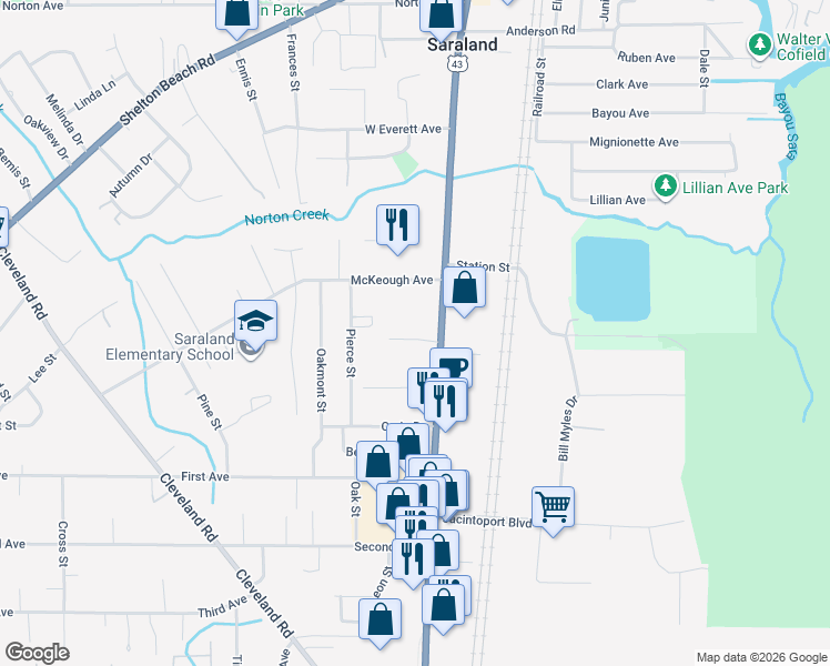 map of restaurants, bars, coffee shops, grocery stores, and more near 427 U.S. 43 in Saraland