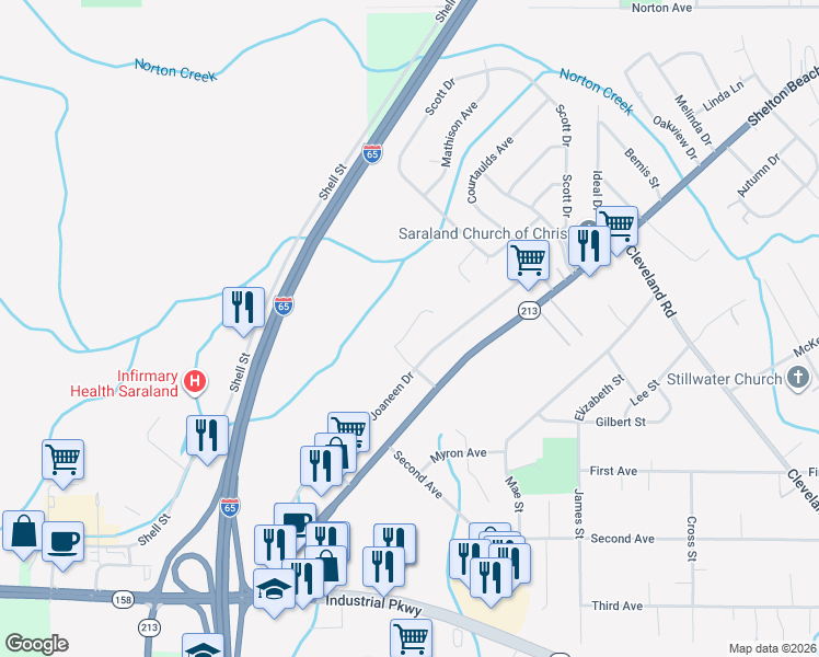 map of restaurants, bars, coffee shops, grocery stores, and more near 911 Arrowhead Drive in Saraland