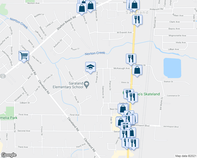 map of restaurants, bars, coffee shops, grocery stores, and more near 428 Strange Avenue in Saraland