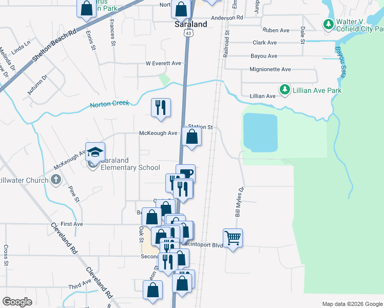 map of restaurants, bars, coffee shops, grocery stores, and more near 430 Saraland Boulevard South in Saraland