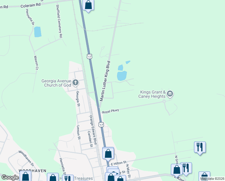 map of restaurants, bars, coffee shops, grocery stores, and more near North Louis William Street in Kingsland