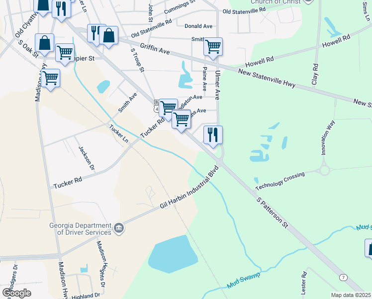 map of restaurants, bars, coffee shops, grocery stores, and more near 1716 South Patterson Street in Valdosta