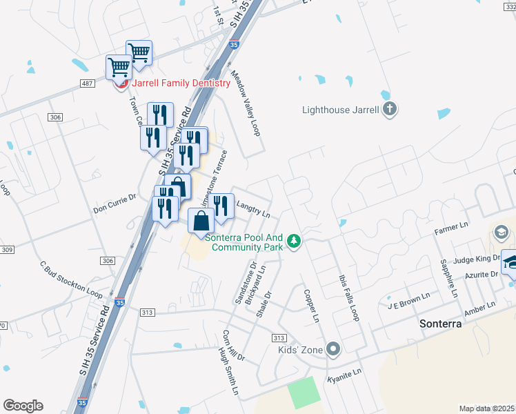 map of restaurants, bars, coffee shops, grocery stores, and more near 201 Langtry Lane in Jarrell