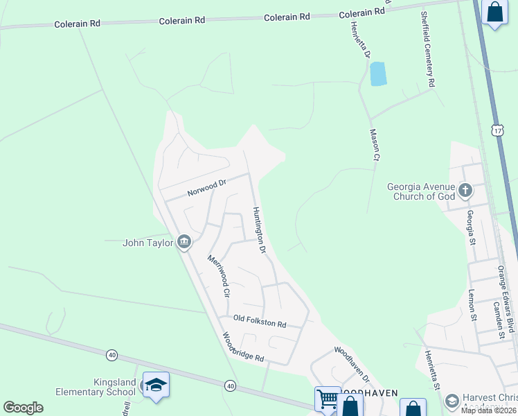 map of restaurants, bars, coffee shops, grocery stores, and more near 144 Huntington Drive in Kingsland