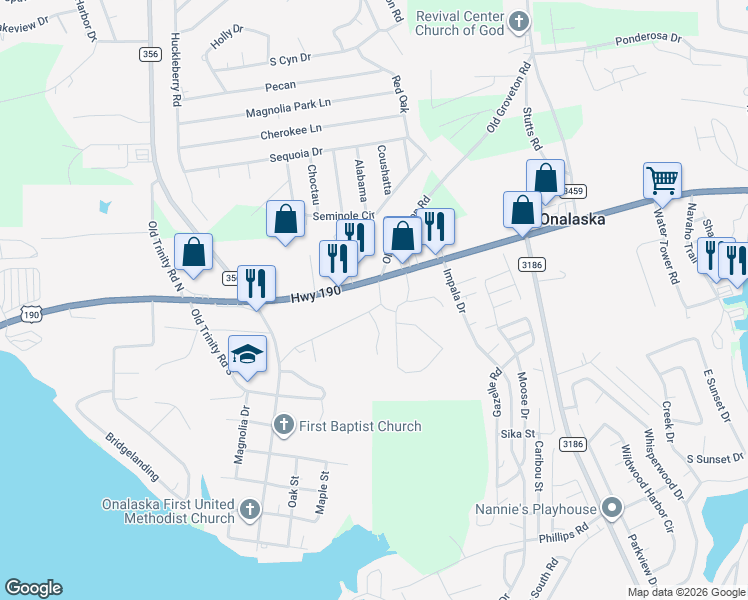 map of restaurants, bars, coffee shops, grocery stores, and more near 154 H Pickens Road in Onalaska