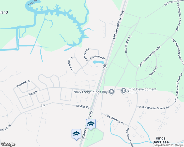 map of restaurants, bars, coffee shops, grocery stores, and more near 113 Plantation Court in St. Marys