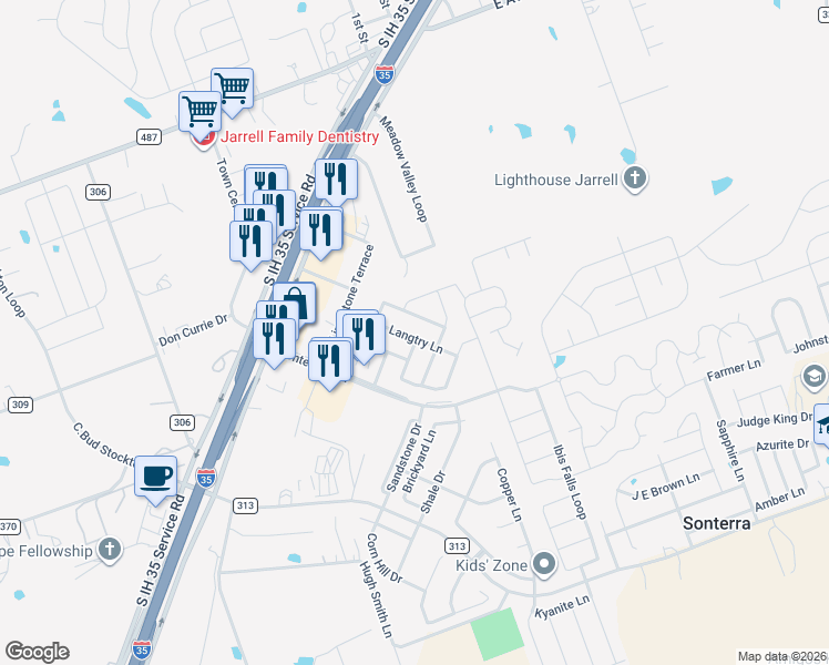 map of restaurants, bars, coffee shops, grocery stores, and more near 201 Langtry Lane in Jarrell