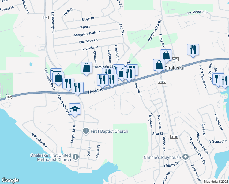 map of restaurants, bars, coffee shops, grocery stores, and more near 154 H Pickens Road in Onalaska