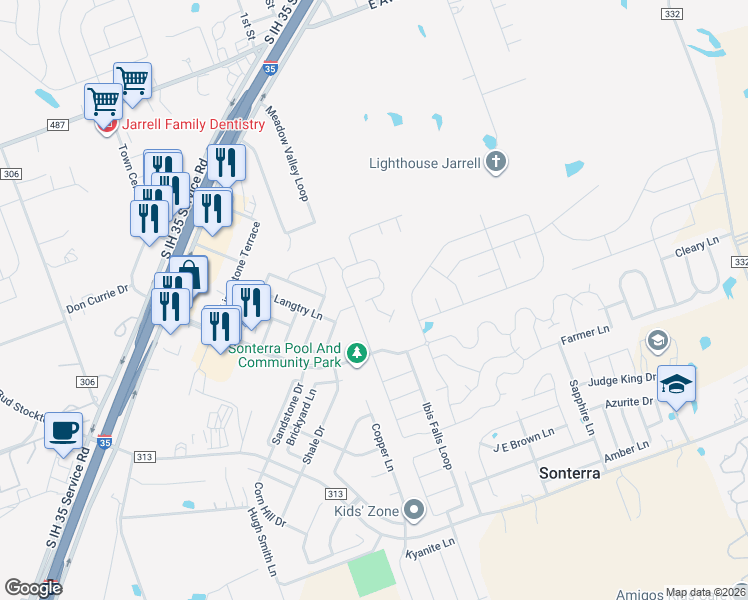map of restaurants, bars, coffee shops, grocery stores, and more near 163 Peony Lane in Jarrell