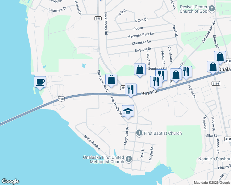 map of restaurants, bars, coffee shops, grocery stores, and more near 14658 U.S. 190 in Onalaska