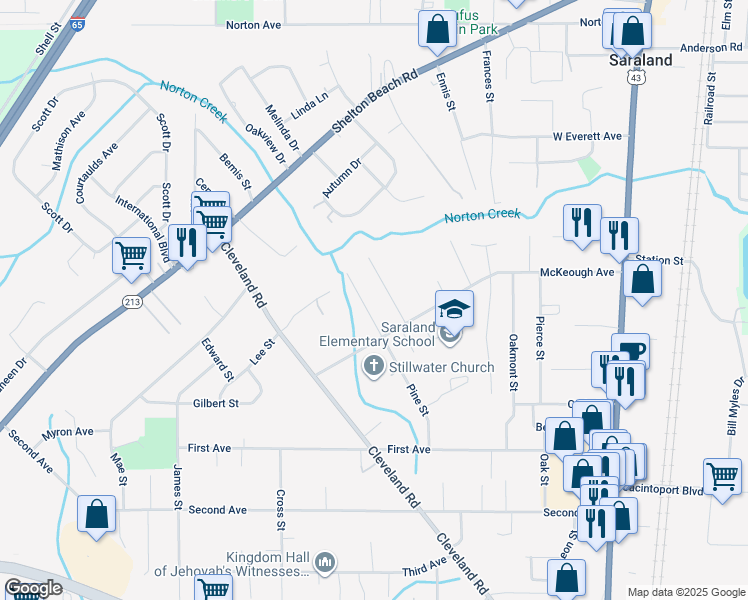 map of restaurants, bars, coffee shops, grocery stores, and more near 424 Pine Street in Saraland