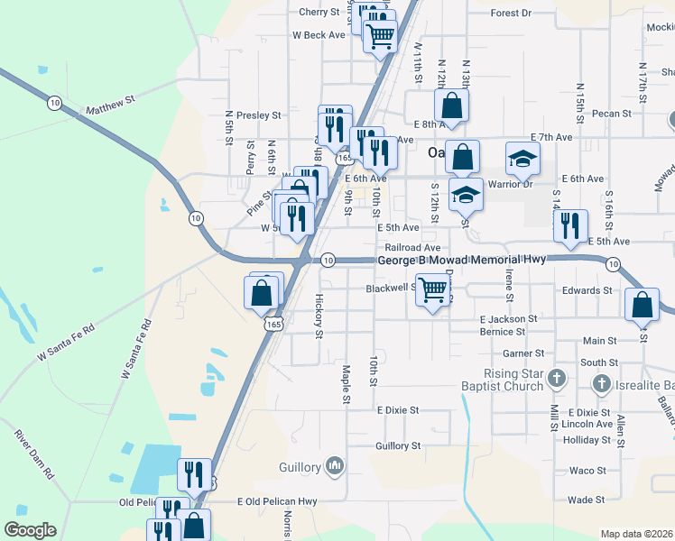 map of restaurants, bars, coffee shops, grocery stores, and more near 116-198 Blackwell Street in Oakdale