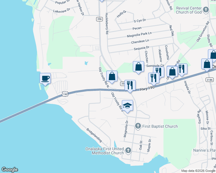 map of restaurants, bars, coffee shops, grocery stores, and more near 14658 U.S. 190 in Onalaska