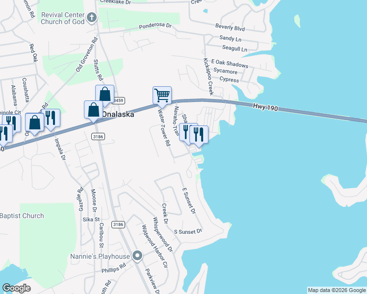 map of restaurants, bars, coffee shops, grocery stores, and more near 338 Navaho Trail in Onalaska