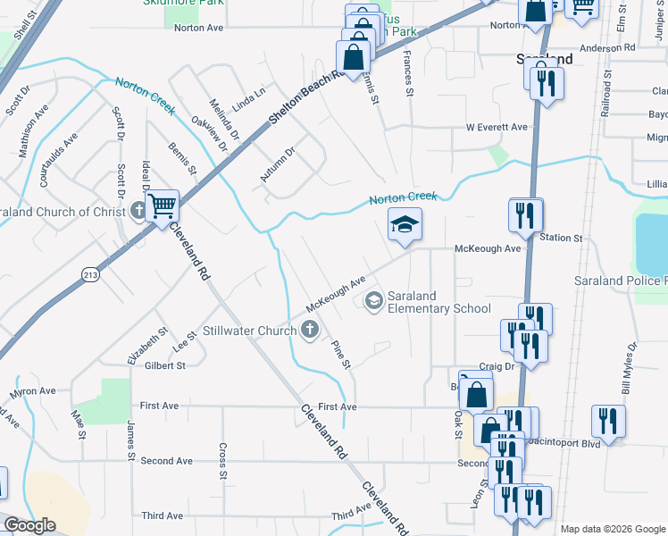 map of restaurants, bars, coffee shops, grocery stores, and more near 266-320 McKeough Avenue in Saraland