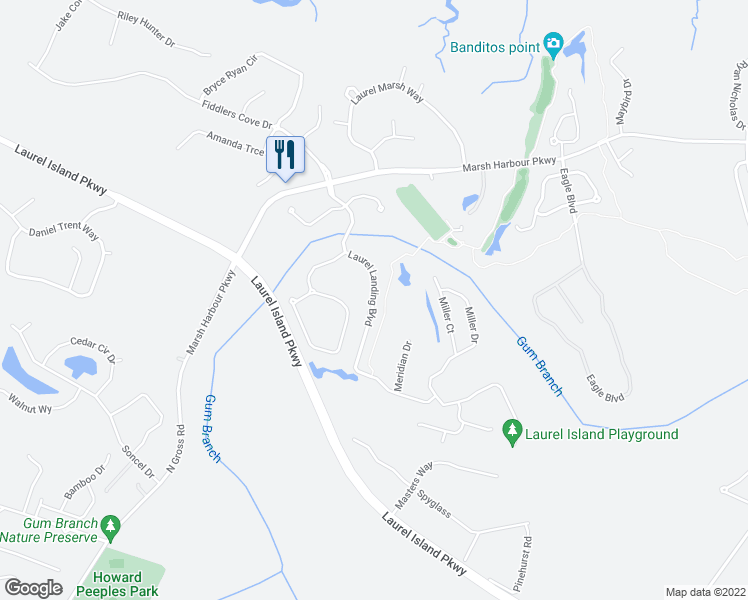 map of restaurants, bars, coffee shops, grocery stores, and more near 227 Laurel Landing Boulevard in Kingsland