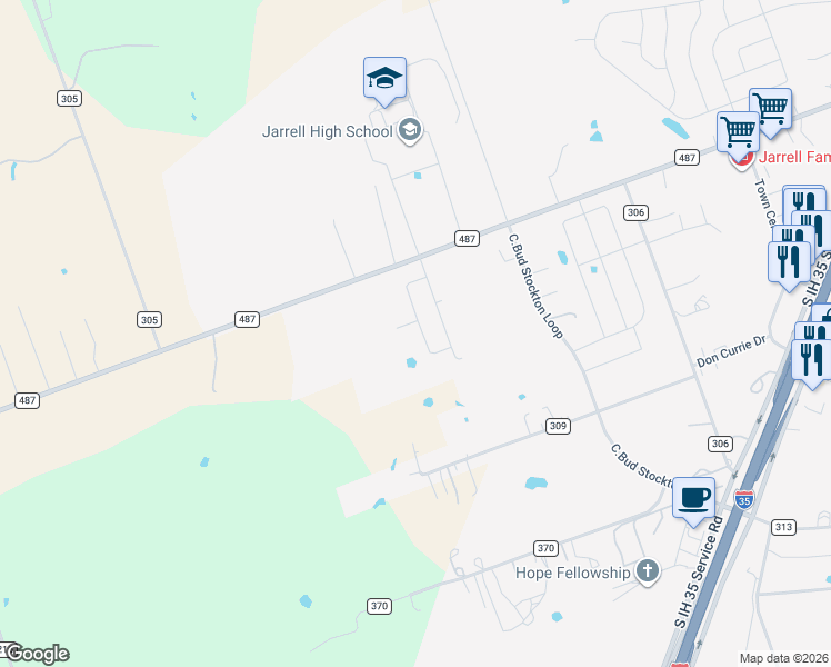 map of restaurants, bars, coffee shops, grocery stores, and more near 630 County Road 309 in Jarrell