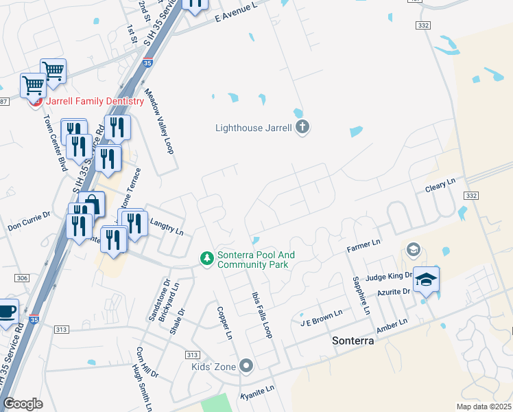map of restaurants, bars, coffee shops, grocery stores, and more near 608 Bailey Park Drive in Jarrell