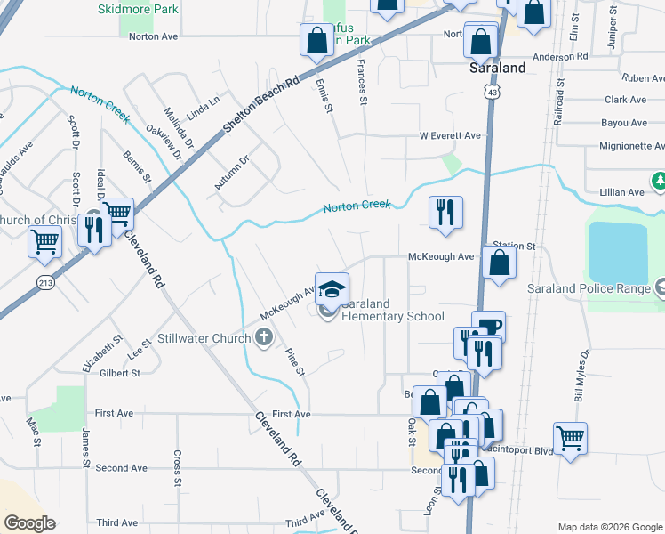map of restaurants, bars, coffee shops, grocery stores, and more near 266 McKeough Avenue in Saraland