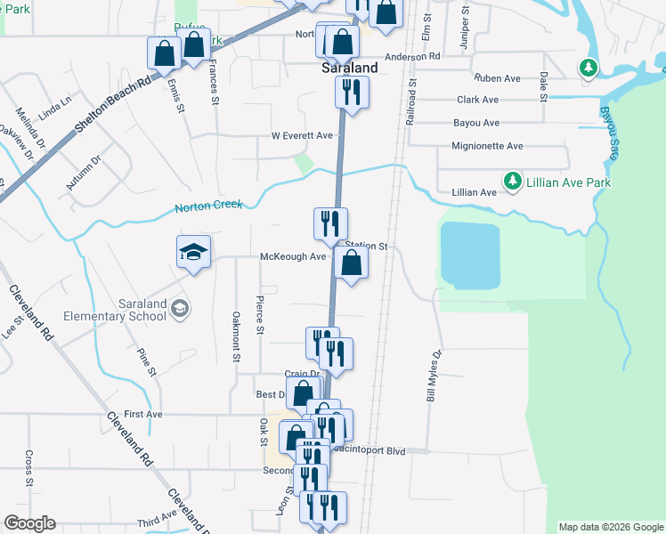 map of restaurants, bars, coffee shops, grocery stores, and more near 427 U.S. 43 in Saraland