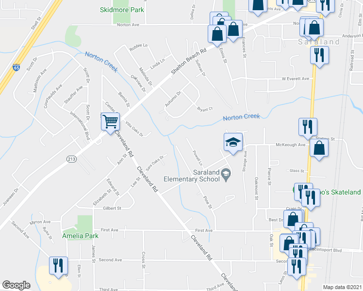 map of restaurants, bars, coffee shops, grocery stores, and more near 414 Pine Street in Saraland
