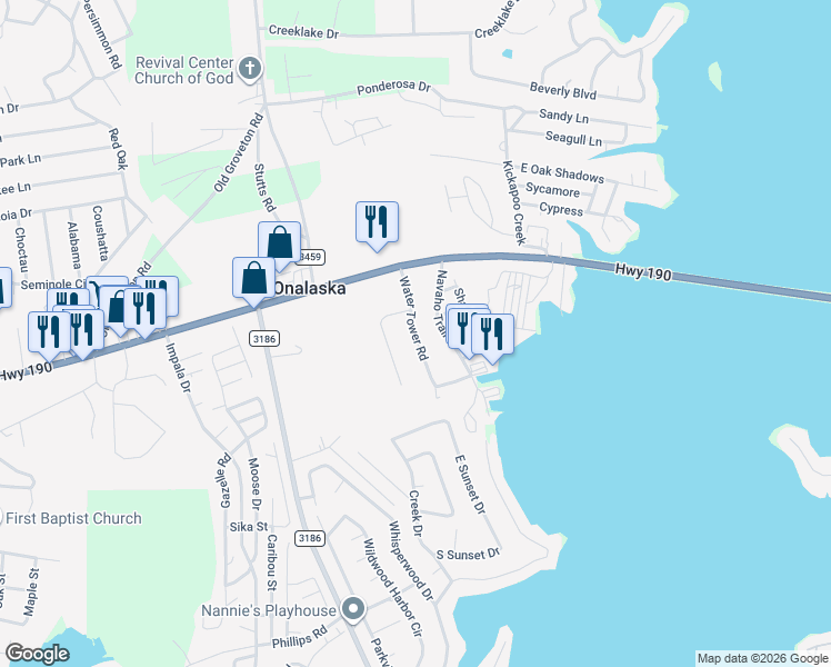map of restaurants, bars, coffee shops, grocery stores, and more near 338 Navaho Trail in Onalaska