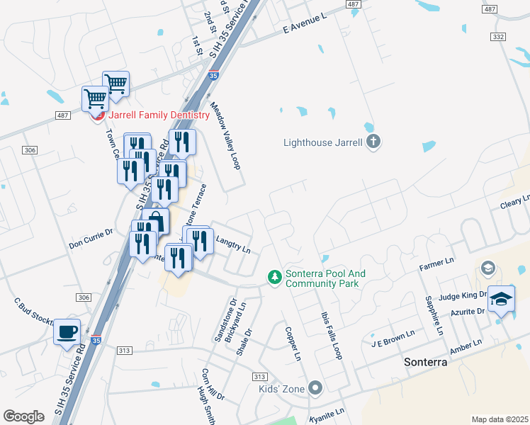map of restaurants, bars, coffee shops, grocery stores, and more near 241 Rainey Drive in Jarrell