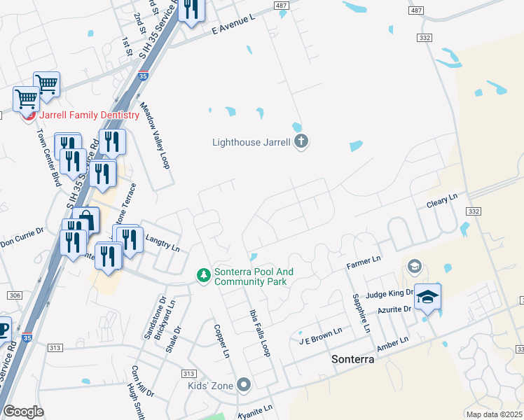 map of restaurants, bars, coffee shops, grocery stores, and more near 608 Bailey Park Drive in Jarrell