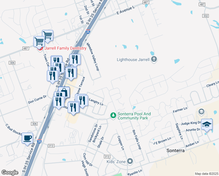 map of restaurants, bars, coffee shops, grocery stores, and more near 241 Rainey Drive in Jarrell